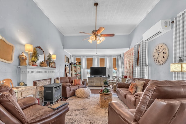 living room featuring ornamental molding, a wood stove, a wall mounted air conditioner, and ceiling fan