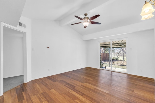 unfurnished room featuring ceiling fan, wood-type flooring, and lofted ceiling with beams