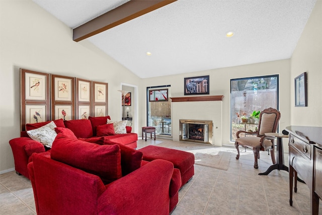 tiled living room featuring a textured ceiling and vaulted ceiling with beams