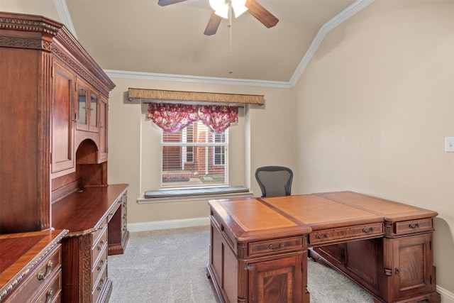 office area featuring crown molding, vaulted ceiling, light colored carpet, and ceiling fan