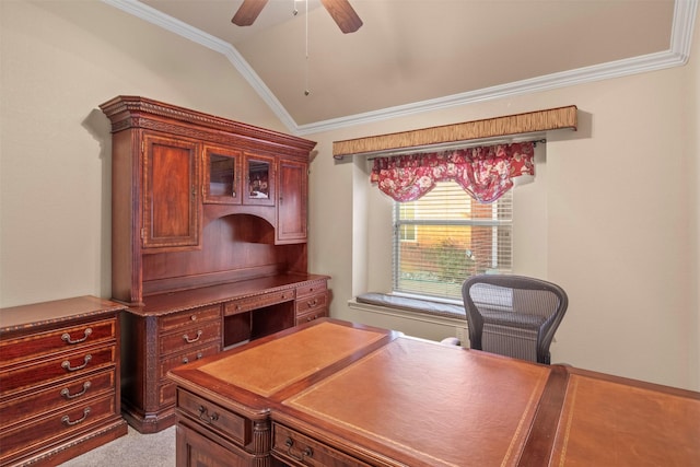 carpeted office with vaulted ceiling, ornamental molding, and ceiling fan