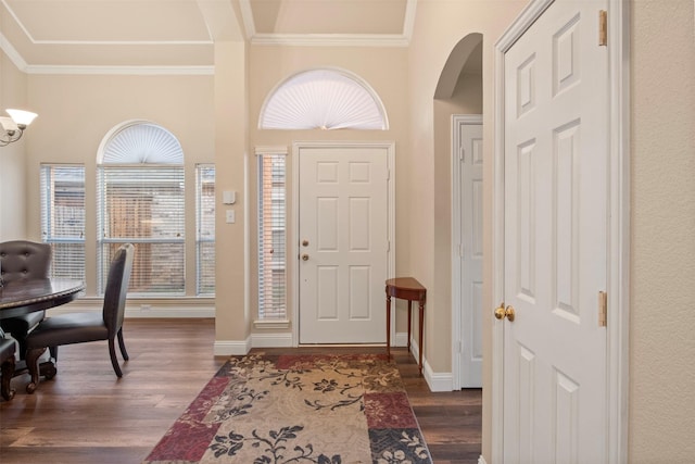 entrance foyer featuring ornamental molding, dark hardwood / wood-style floors, and a high ceiling