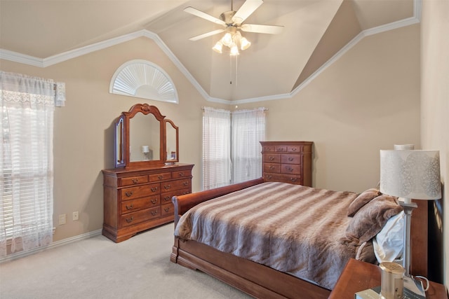 carpeted bedroom with crown molding, vaulted ceiling, and ceiling fan