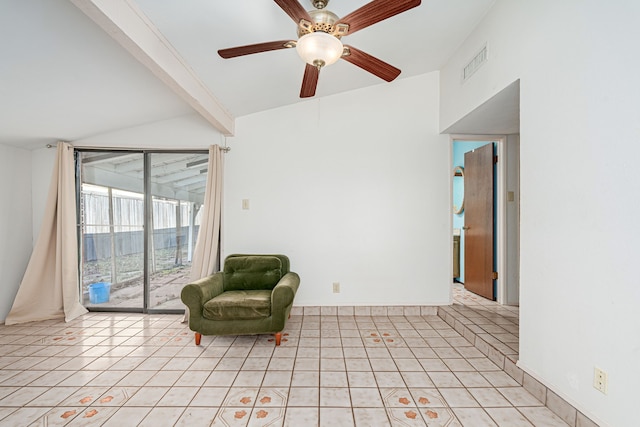 unfurnished room with lofted ceiling with beams, light tile patterned floors, and ceiling fan