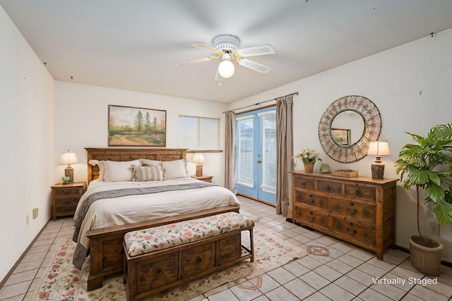 bedroom with access to exterior, light tile patterned flooring, and a ceiling fan