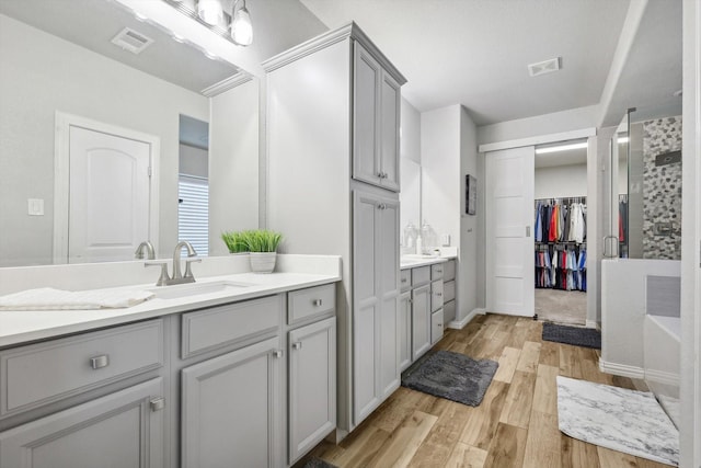 bathroom with vanity, hardwood / wood-style floors, and a tub