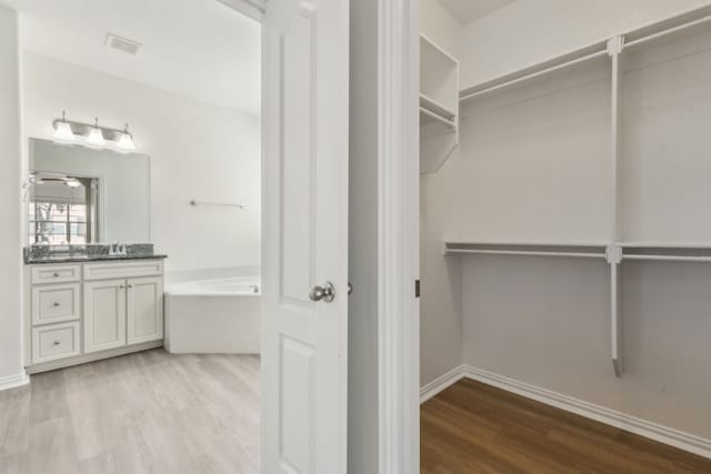 spacious closet featuring sink and light hardwood / wood-style flooring