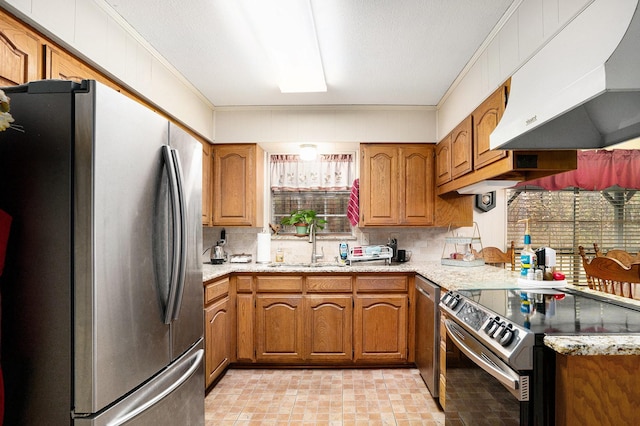 kitchen with sink, decorative backsplash, exhaust hood, stainless steel appliances, and crown molding