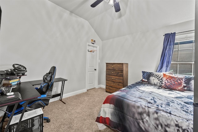 bedroom featuring ceiling fan, lofted ceiling, and carpet