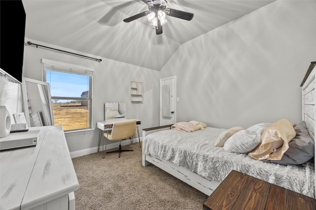 carpeted bedroom with lofted ceiling and ceiling fan