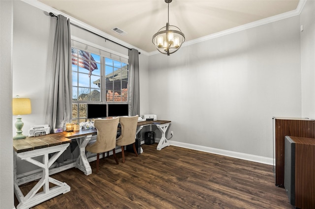 office with crown molding, an inviting chandelier, and dark hardwood / wood-style flooring