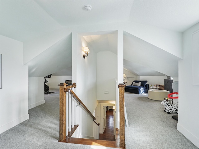 additional living space featuring lofted ceiling and carpet flooring