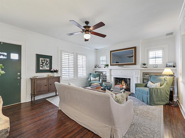 living room featuring plenty of natural light, hardwood / wood-style floors, and a fireplace