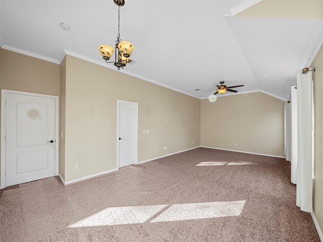 unfurnished living room featuring ornamental molding, carpet, and lofted ceiling