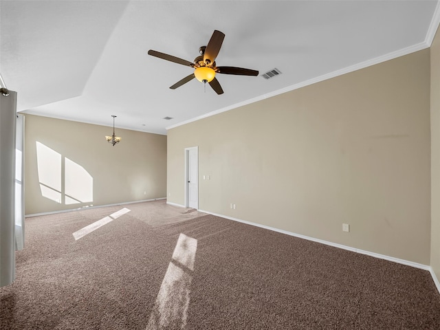 unfurnished room featuring crown molding, carpet flooring, and ceiling fan with notable chandelier