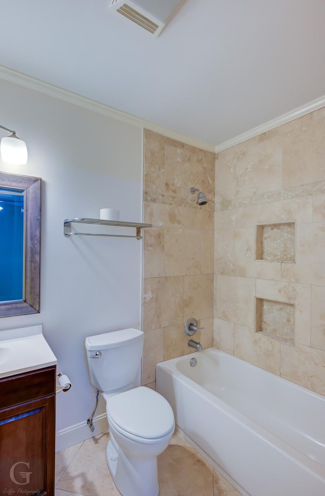 full bathroom with tiled shower / bath combo, vanity, ornamental molding, toilet, and tile patterned floors