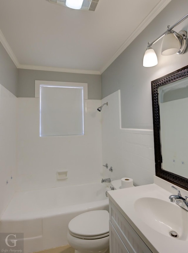 full bathroom with crown molding, tub / shower combination, tile walls, vanity, and toilet