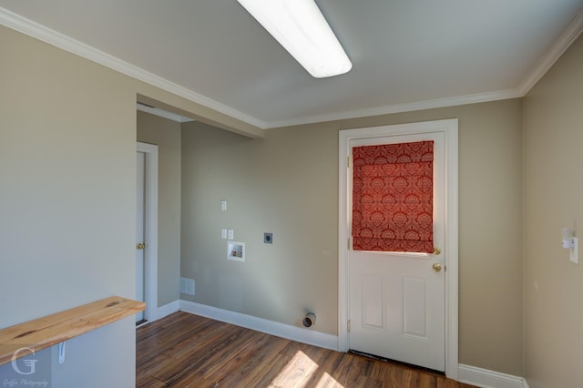 laundry area with crown molding, electric dryer hookup, washer hookup, and dark hardwood / wood-style flooring