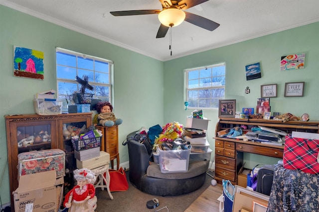 office area with ceiling fan, ornamental molding, light hardwood / wood-style flooring, and a textured ceiling