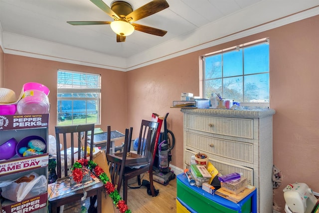 game room featuring light hardwood / wood-style flooring, ornamental molding, and ceiling fan