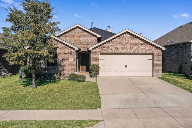 single story home featuring driveway, brick siding, an attached garage, and a front lawn