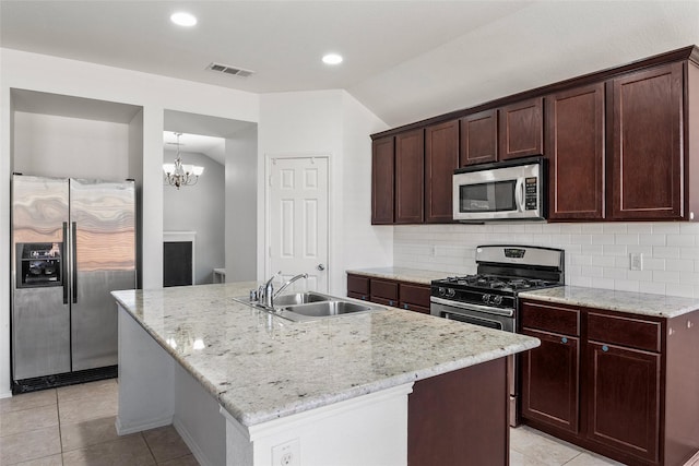 kitchen featuring visible vents, a sink, backsplash, appliances with stainless steel finishes, and dark brown cabinets