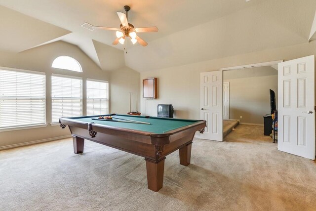 801 Sunrise Dr, Kennedale, TX 76060 - playroom featuring light colored carpet, ceiling fan, vaulted ceiling, and pool table