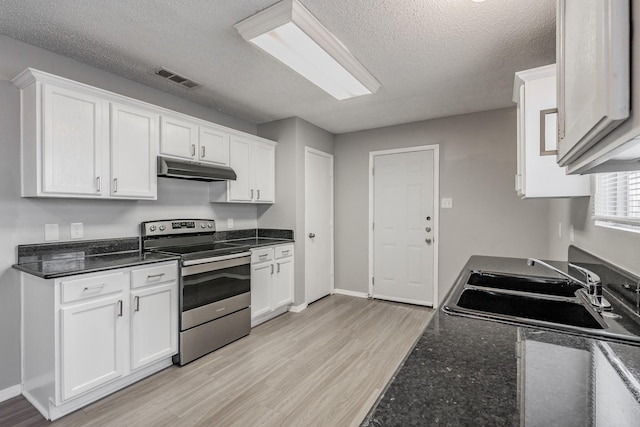 kitchen with sink, stainless steel range with electric stovetop, light hardwood / wood-style floors, a textured ceiling, and white cabinets