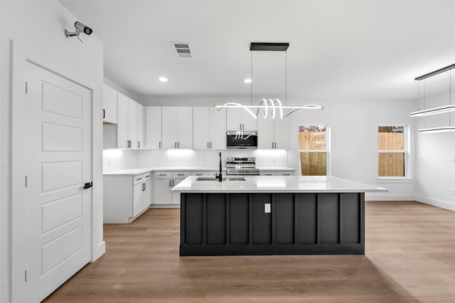 kitchen with white cabinetry, stainless steel range with electric cooktop, decorative backsplash, hanging light fixtures, and a center island with sink