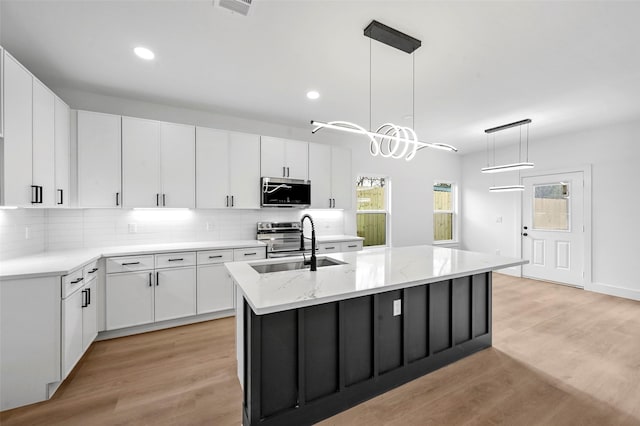 kitchen featuring sink, an island with sink, and white cabinets