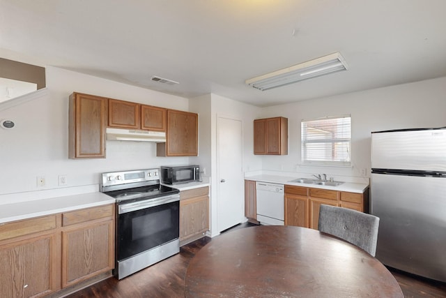 kitchen featuring sink, dark wood-type flooring, and stainless steel appliances