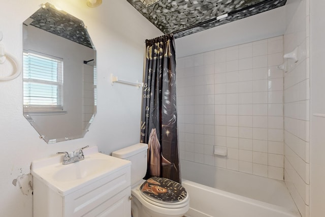 full bathroom featuring vanity, shower / bath combination with curtain, and toilet