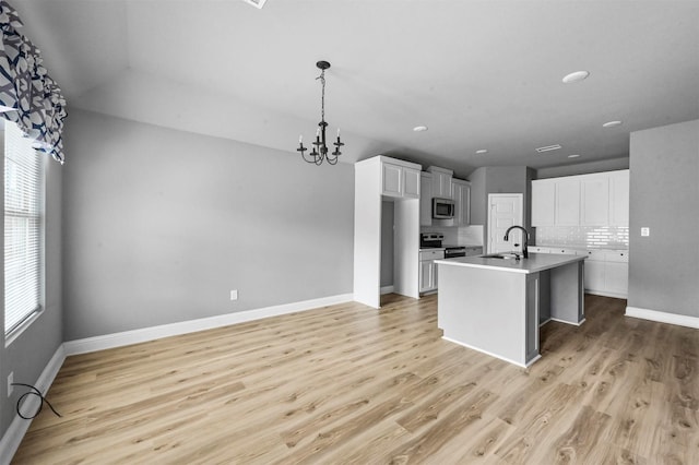 kitchen featuring a sink, white cabinets, appliances with stainless steel finishes, backsplash, and light wood finished floors