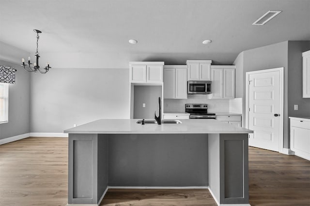 kitchen featuring stainless steel appliances, visible vents, a kitchen island with sink, a sink, and wood finished floors