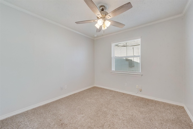 unfurnished room with light carpet, crown molding, and ceiling fan