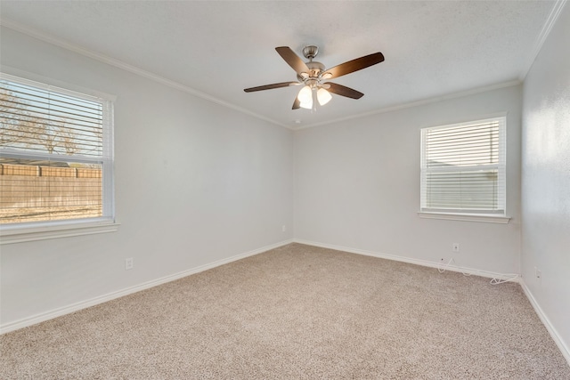 spare room with carpet floors, plenty of natural light, and ornamental molding