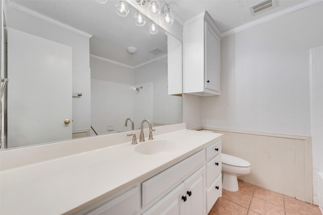 full bathroom with tile patterned flooring, vanity, ornamental molding, a textured ceiling, and toilet