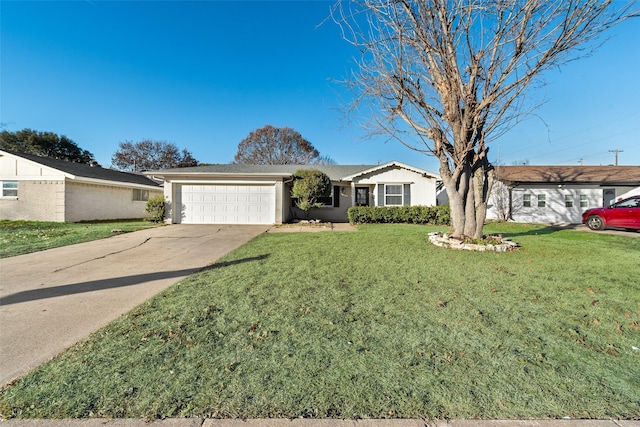 ranch-style home with a garage and a front lawn