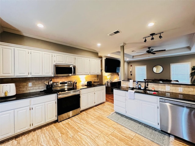 kitchen featuring a sink, visible vents, appliances with stainless steel finishes, a tray ceiling, and dark countertops