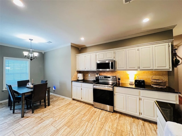 kitchen with stainless steel appliances, visible vents, white cabinets, tasteful backsplash, and dark countertops