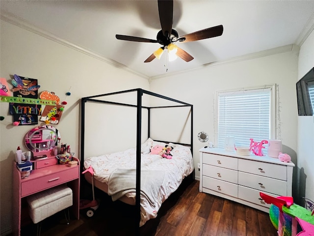 bedroom with ceiling fan, ornamental molding, and hardwood / wood-style flooring