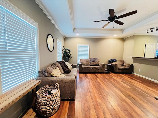 living room with ornamental molding, ceiling fan, a tray ceiling, and wood-type flooring