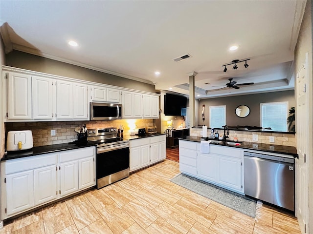 kitchen featuring dark countertops, appliances with stainless steel finishes, a tray ceiling, white cabinetry, and a sink