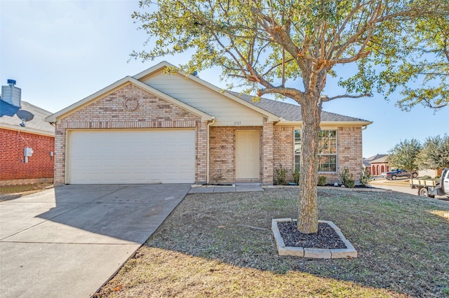 single story home with a garage and a front yard