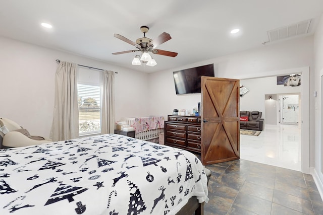 bedroom with ceiling fan, visible vents, and recessed lighting