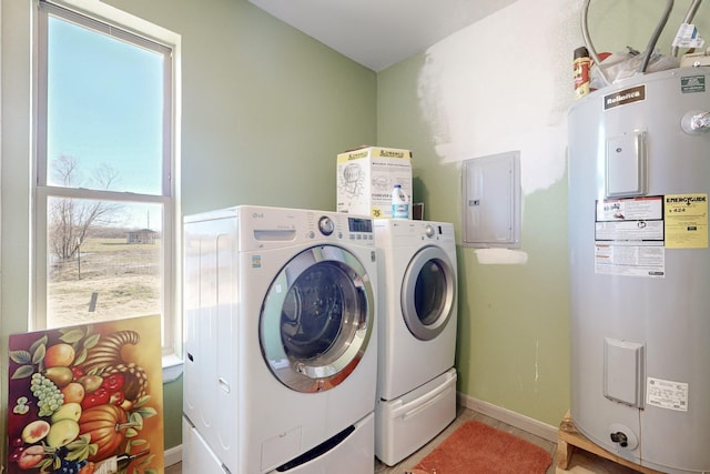 washroom featuring electric water heater, laundry area, baseboards, electric panel, and washer and clothes dryer