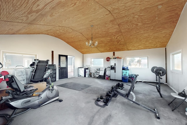 exercise area with wood ceiling and vaulted ceiling