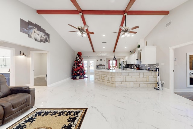 living room featuring baseboards, visible vents, a ceiling fan, marble finish floor, and recessed lighting