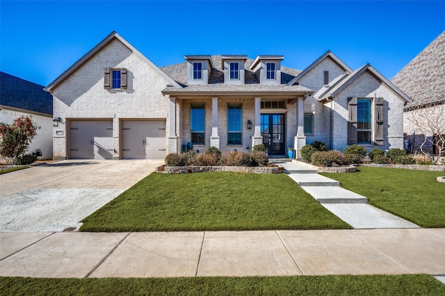 view of front of home with a garage, a porch, and a front yard