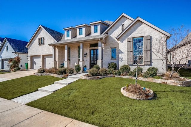 view of front of property with a garage, a front yard, and a porch